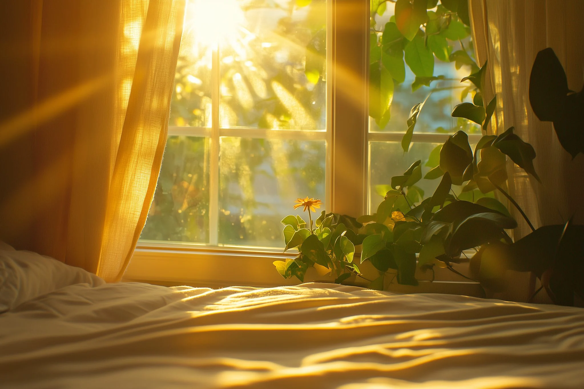 Morning sunlight through window creating peaceful wake-up atmosphere